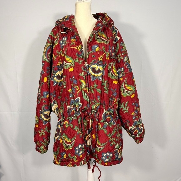 The Limited Jackets & Blazers - Vintage The Limited Quilted Silk Coat Womens L Large Red Floral Paisley Hooded